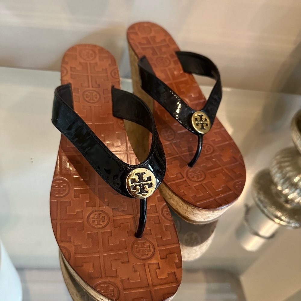 Tory Burch Thora Black Cork Wedge Platform Thong Sandals 10 Excellent